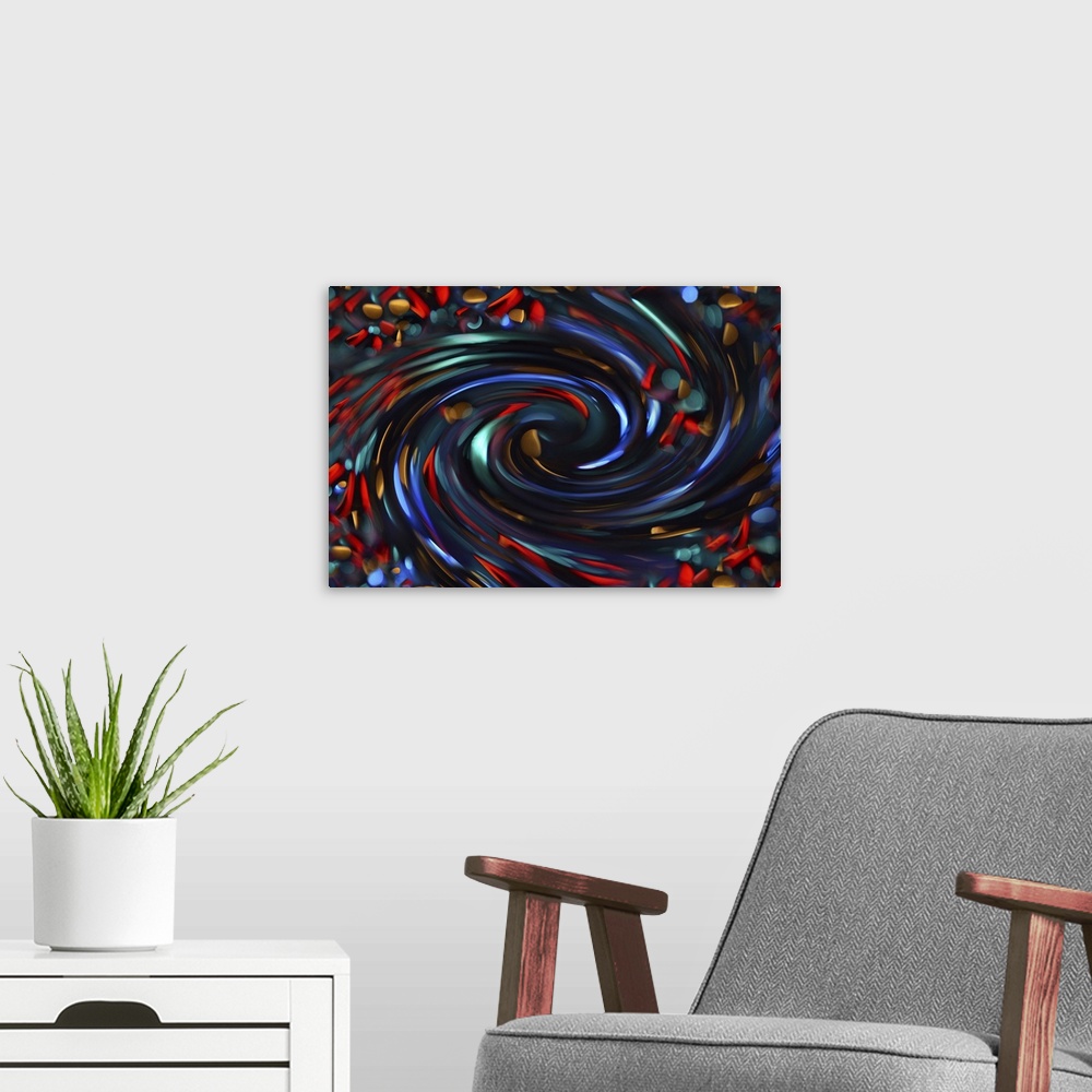 A modern room featuring An abstract macro photograph of a swirling of colors and forms.