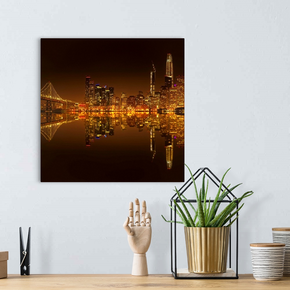 A bohemian room featuring Photograph of the city skyline of San Francisco reflecting in the Bay at night.