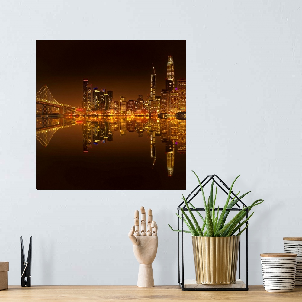 A bohemian room featuring Photograph of the city skyline of San Francisco reflecting in the Bay at night.