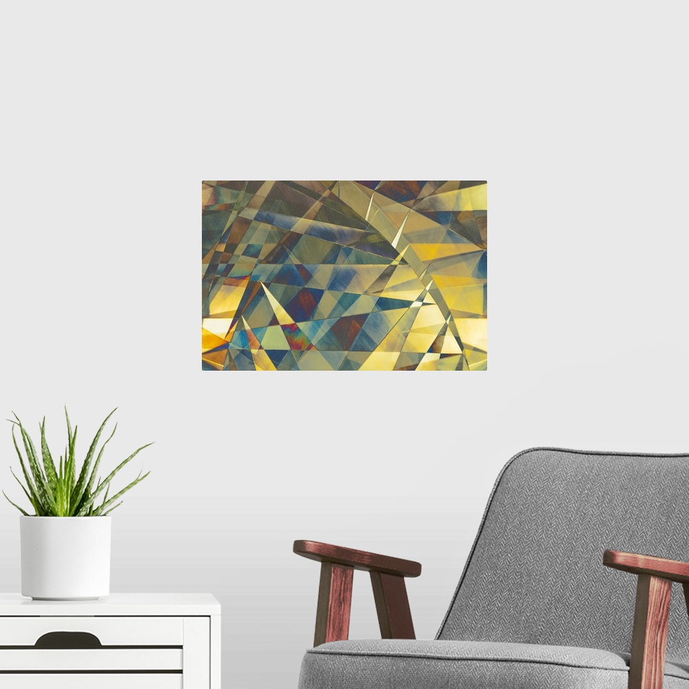 A modern room featuring Colorful geometric abstract photograph with blue, yellow, green, and purple hues.