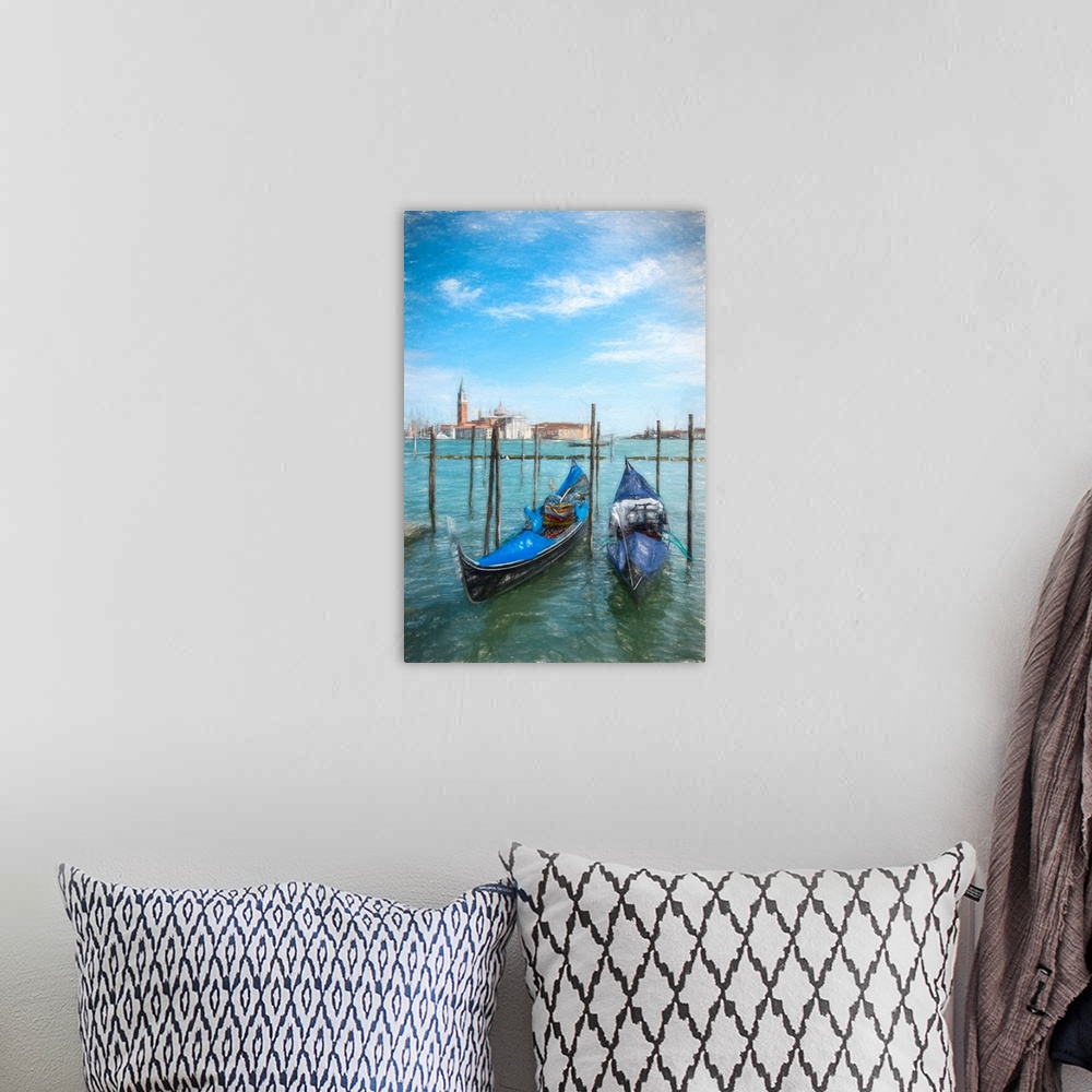 A bohemian room featuring Fine art photo of two gondolas moored against posts in Venice, Italy.
