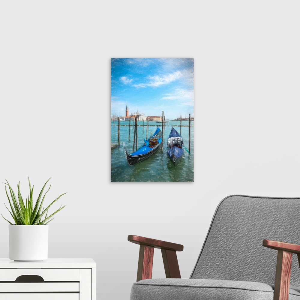 A modern room featuring Fine art photo of two gondolas moored against posts in Venice, Italy.