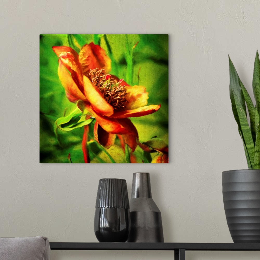 A modern room featuring An artistic photograph of a golden orange flower surrounded by green.