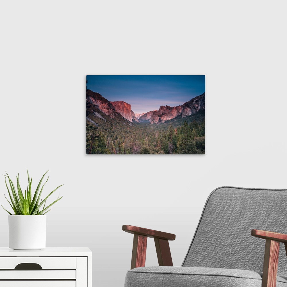 A modern room featuring Half Dome in sunset from Tunnel View of Yosemite National Park, California.