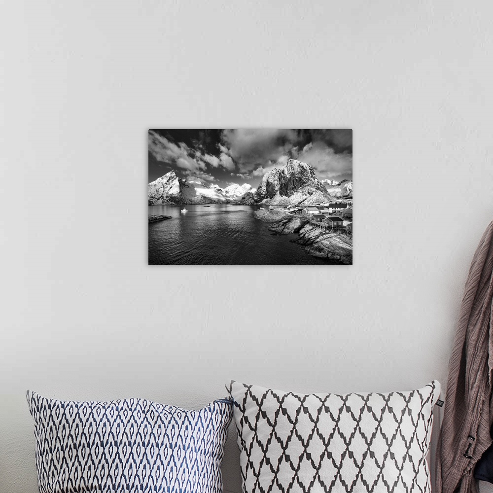 A bohemian room featuring Norwegian fjord in black and white