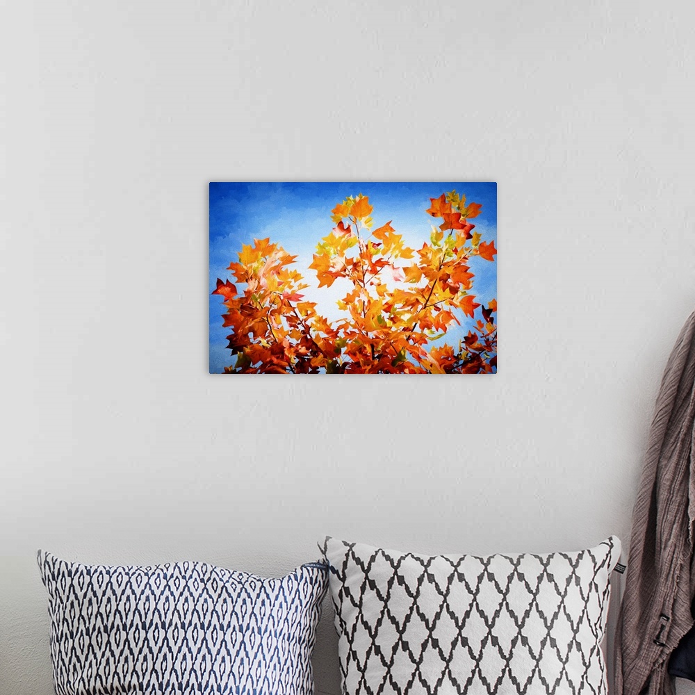 A bohemian room featuring A photograph of autumn leaves on a branch against a blue sky.