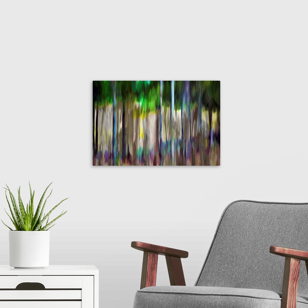 A modern room featuring Abstract image of a group of trees and flowers in Summer. The light was bright and brought out al...