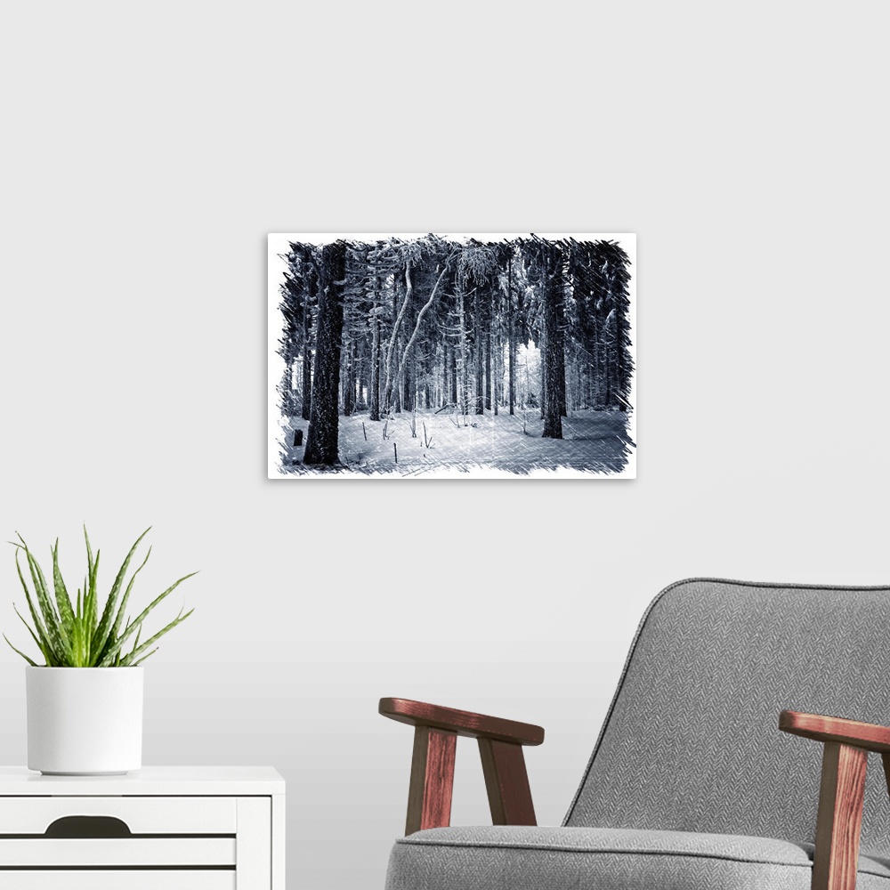 A modern room featuring Interior of a winter forest with a drawing effect