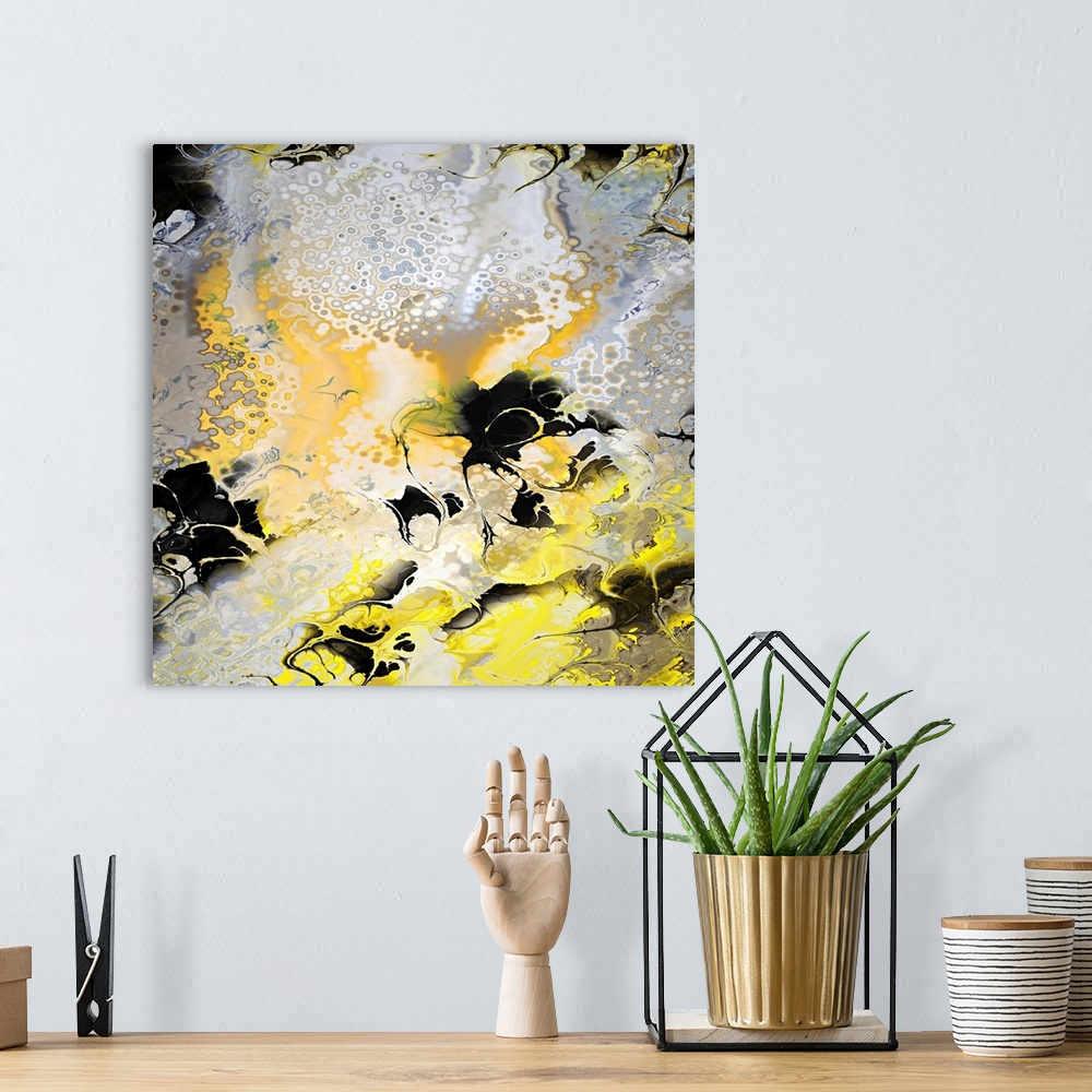 A bohemian room featuring Square abstract art in gray, yellow, and black hues with a marbled look.