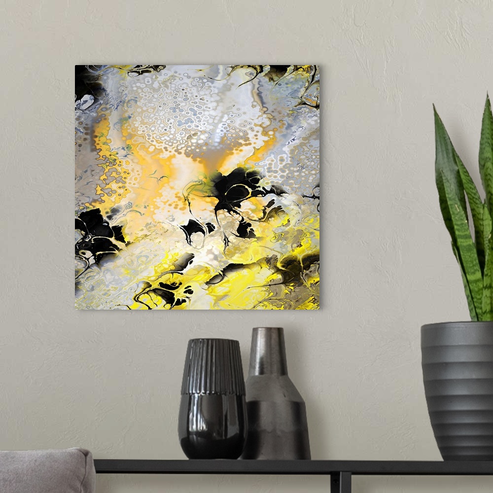 A modern room featuring Square abstract art in gray, yellow, and black hues with a marbled look.