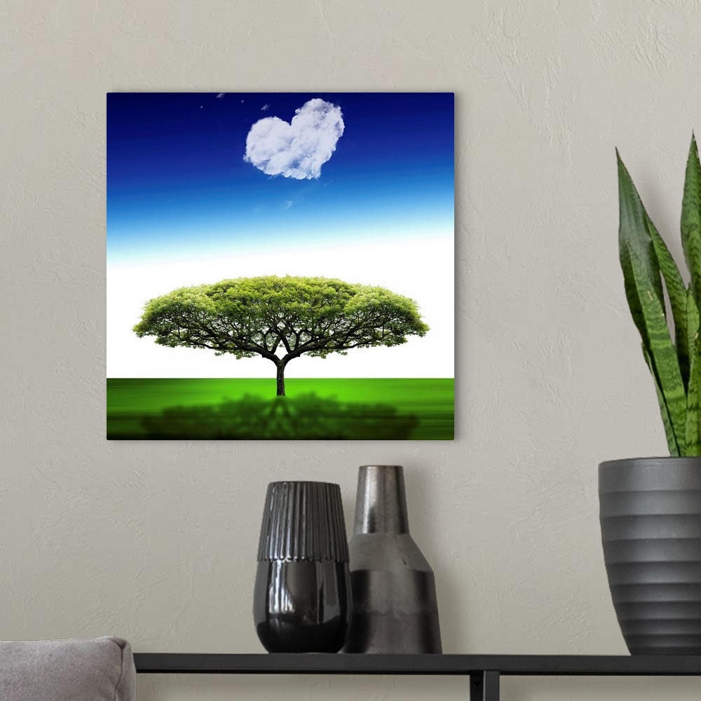 A modern room featuring A tree and a cloud in the shape of a heart