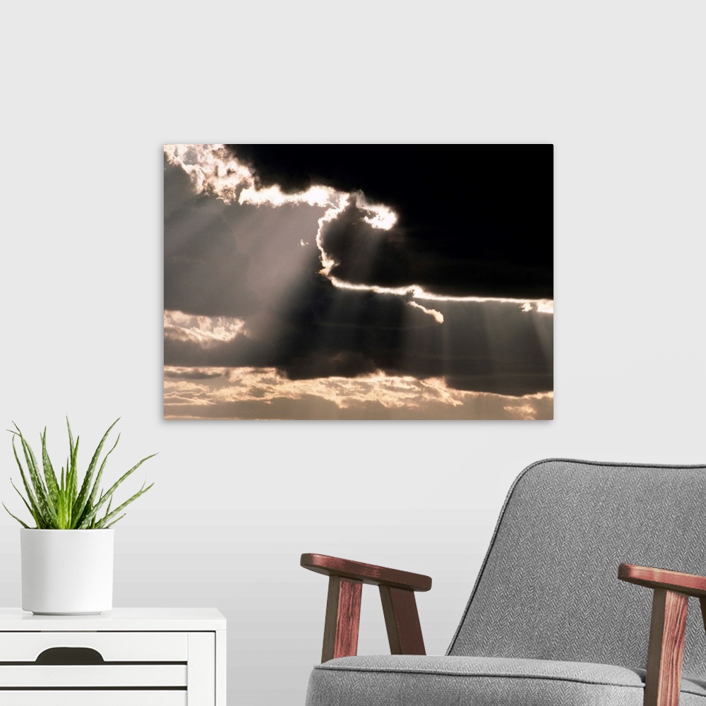 A modern room featuring Sun breaks through heavy cloud cover, Olympic National Park, Washington, USA