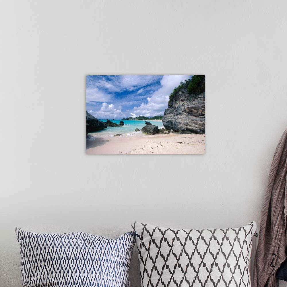 A bohemian room featuring Big photograph displays a secluded portion of a sandy beach in Horseshoe Bay, Bermuda on a sunny ...