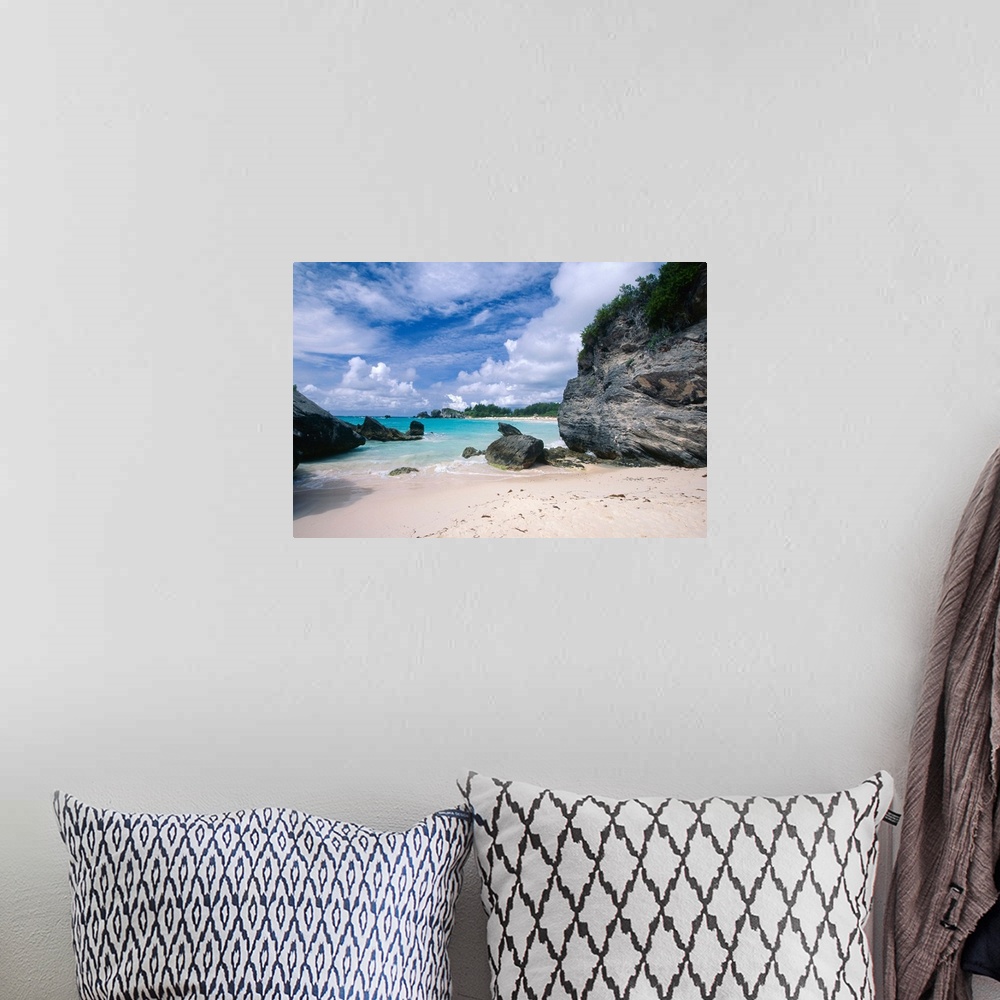 A bohemian room featuring Big photograph displays a secluded portion of a sandy beach in Horseshoe Bay, Bermuda on a sunny ...