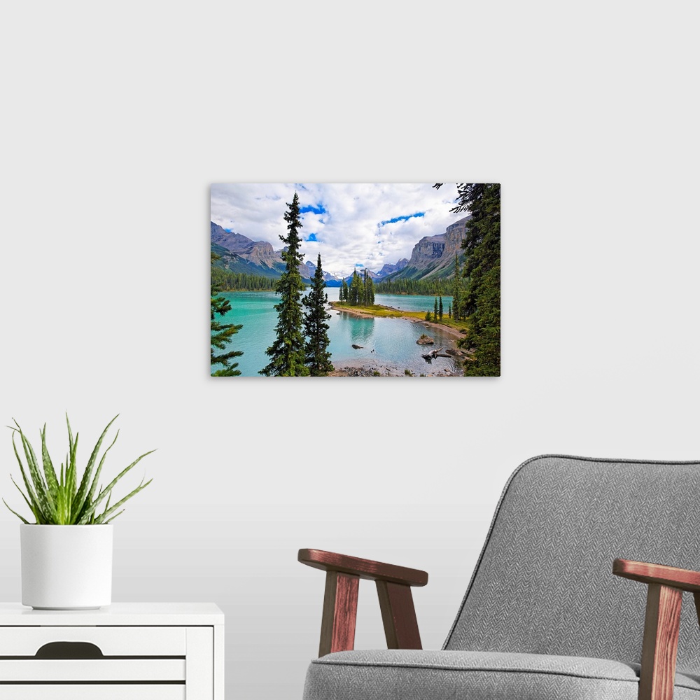A modern room featuring High Angle View of Spirit Island, Maligne Lake, Jasper National Park, Alberta, Canada