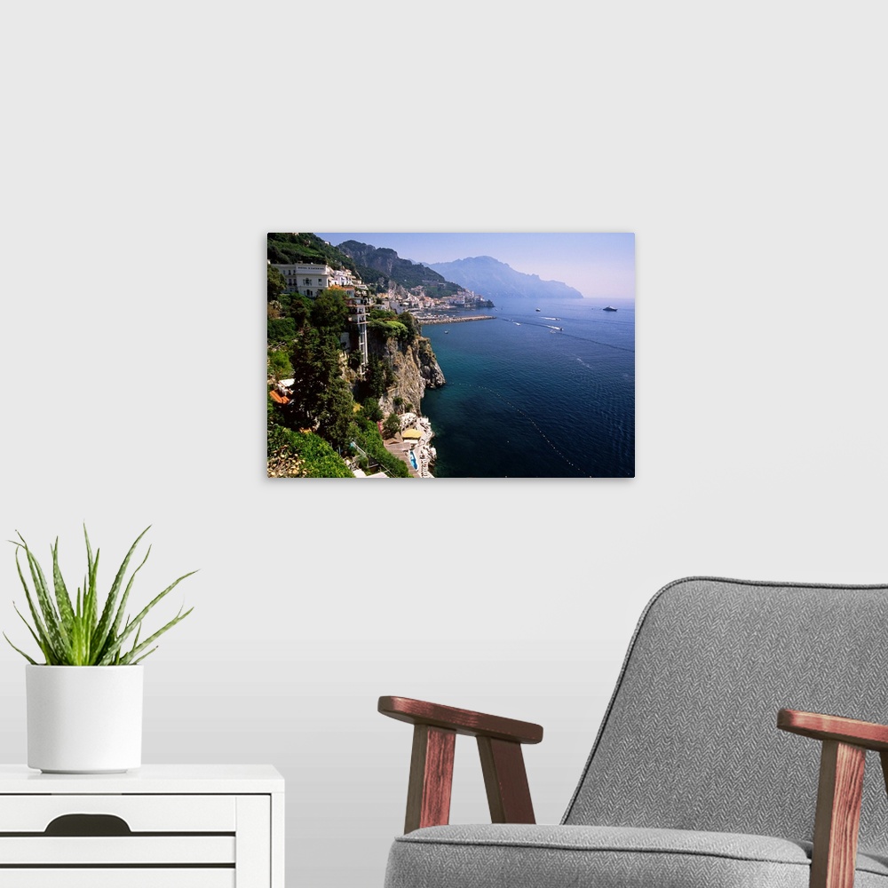 A modern room featuring High angle view of the Amalfi Coastline at Amalfi, Campania, Italy.
