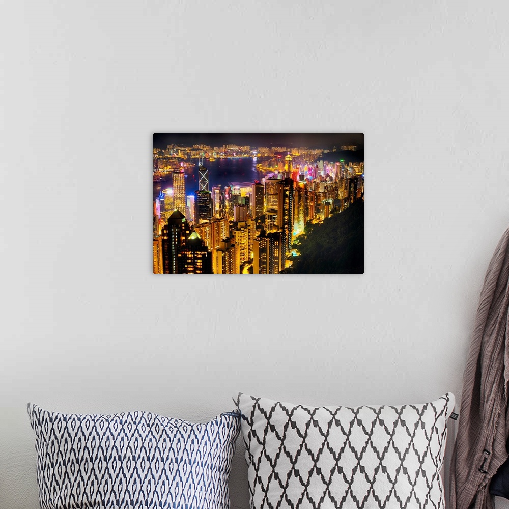 A bohemian room featuring High angle view of Hong Kong night skyline from the Victoria Peak.