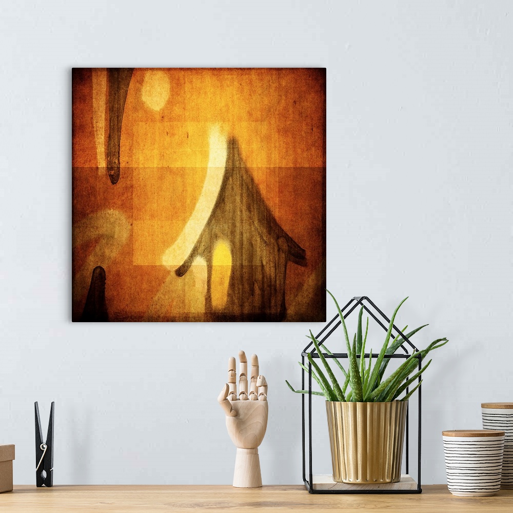 A bohemian room featuring Conceptual photograph of abstract shapes resembling a small house with the sun above in amber sha...