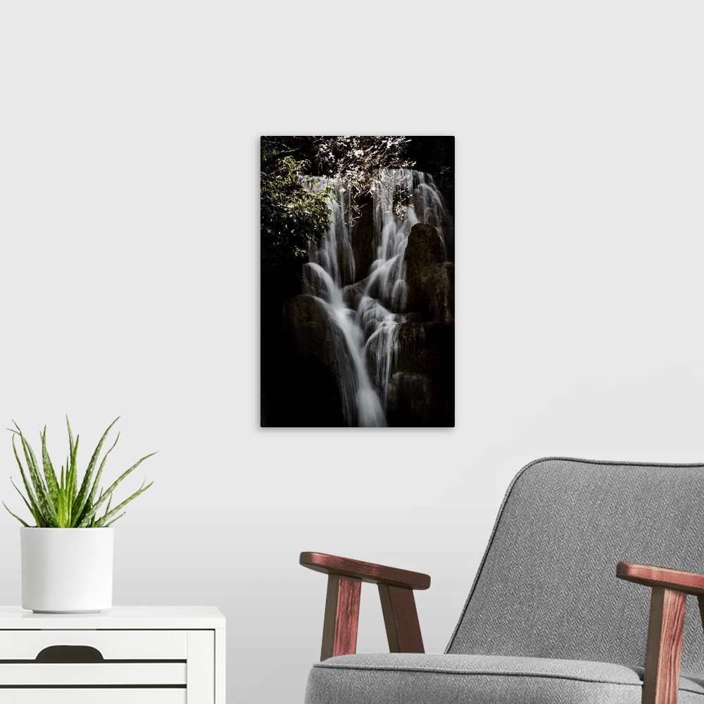 A modern room featuring Great waterfall captured with slow speed