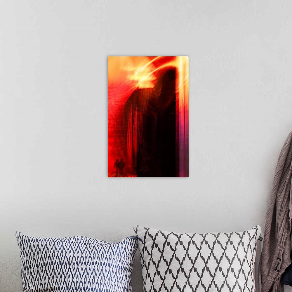 A bohemian room featuring Abstract vertical photograph of swirls of bright red and yellow light with a couple with a bicycl...