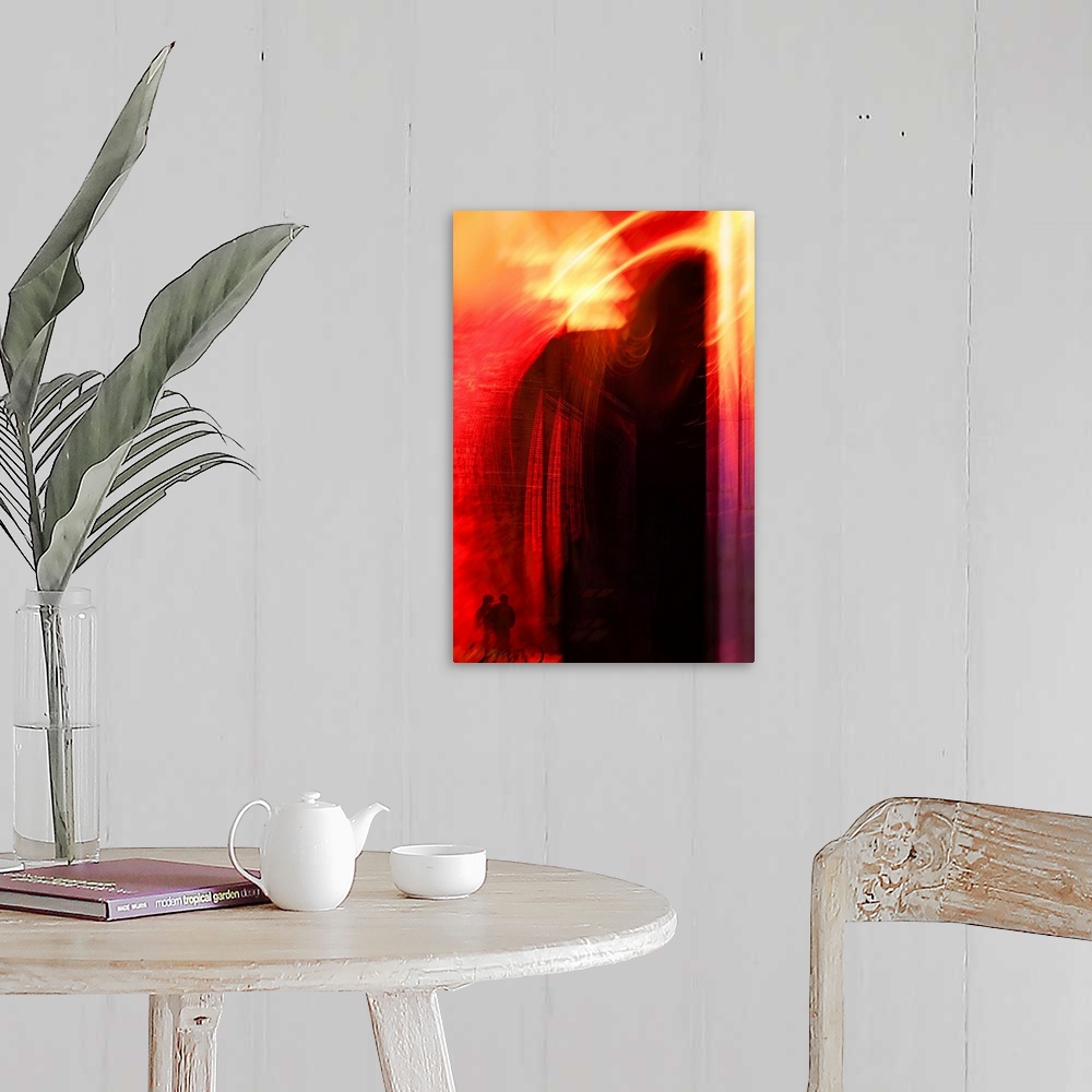 A farmhouse room featuring Abstract vertical photograph of swirls of bright red and yellow light with a couple with a bicycl...