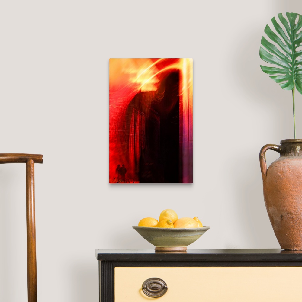 A traditional room featuring Abstract vertical photograph of swirls of bright red and yellow light with a couple with a bicycl...