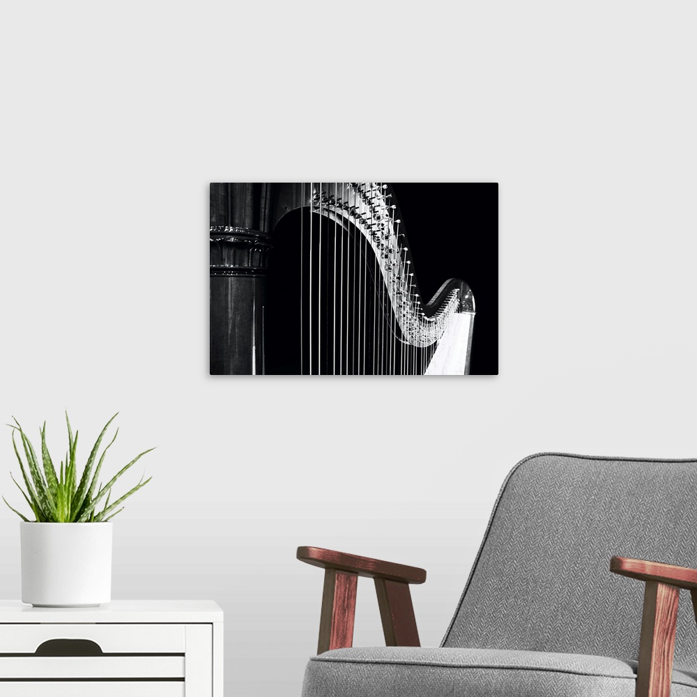 A modern room featuring A play of light and dark on this beautiful harp, music in the spotlight.