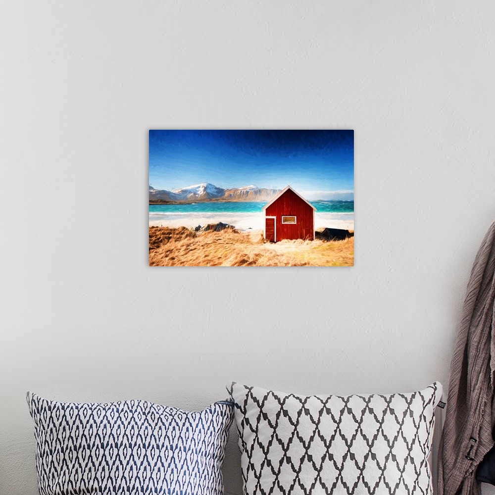 A bohemian room featuring A photograph of a red house sitting in a rugged landscape with a snow covered mountain in the dis...
