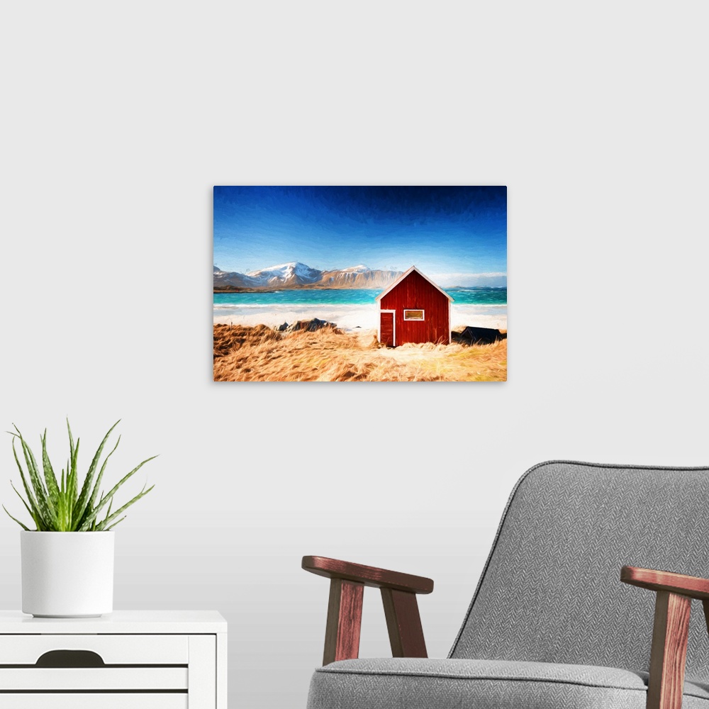 A modern room featuring A photograph of a red house sitting in a rugged landscape with a snow covered mountain in the dis...