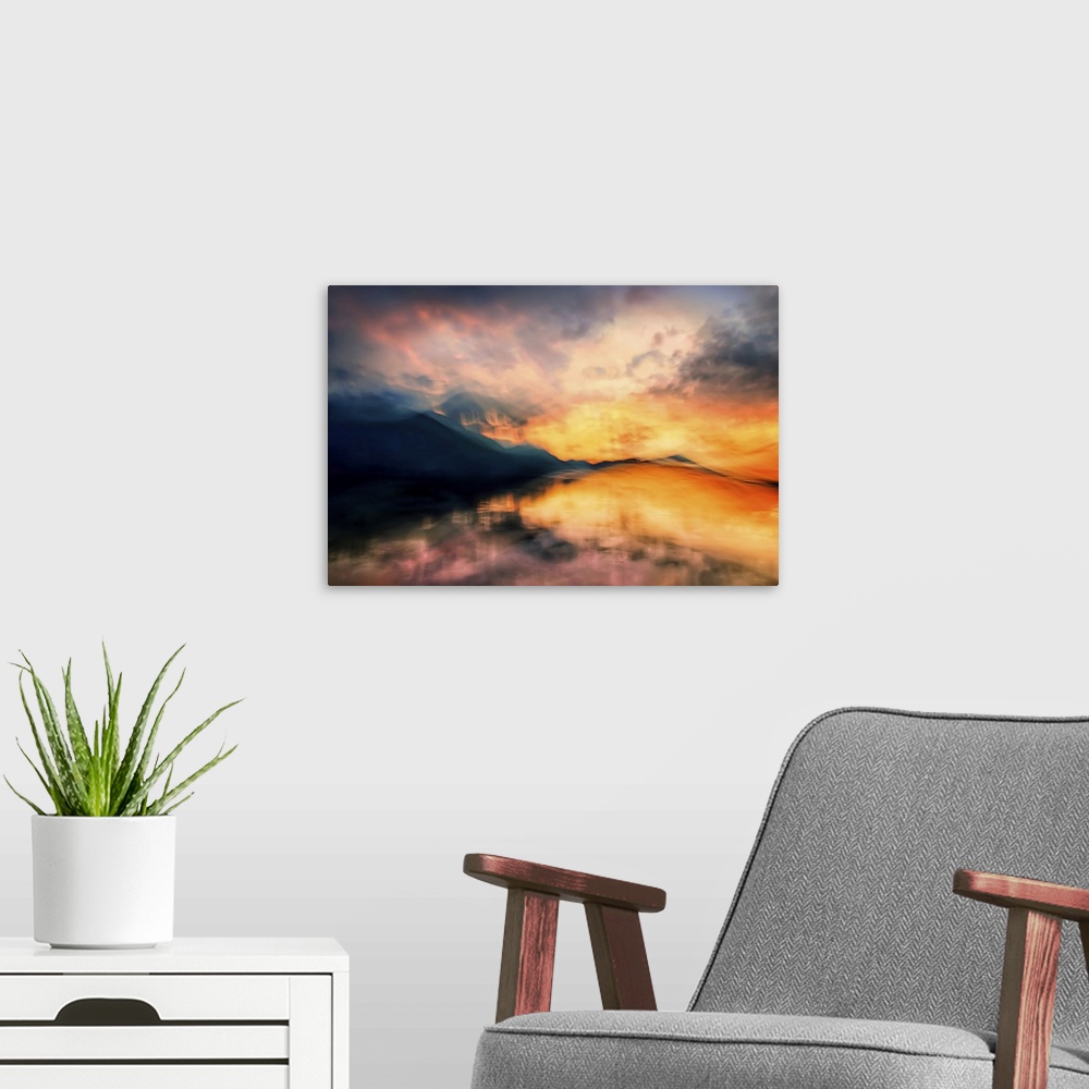 A modern room featuring A couple of ICM (Intentional Camera Movement) images of Slocan Lake in British Columbia, Canada, ...