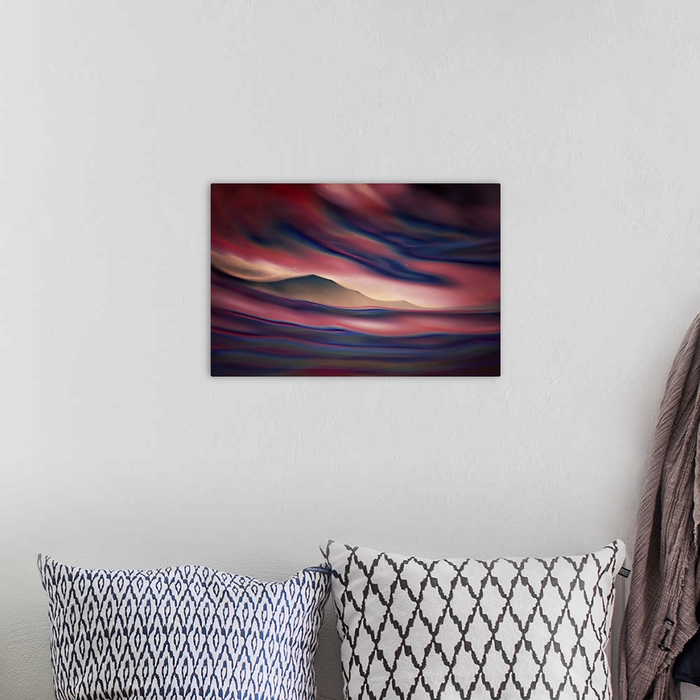 A bohemian room featuring ICM (Intentional Camera Movement) image of Slocan Lake in British Columbia, Canada, combined with...