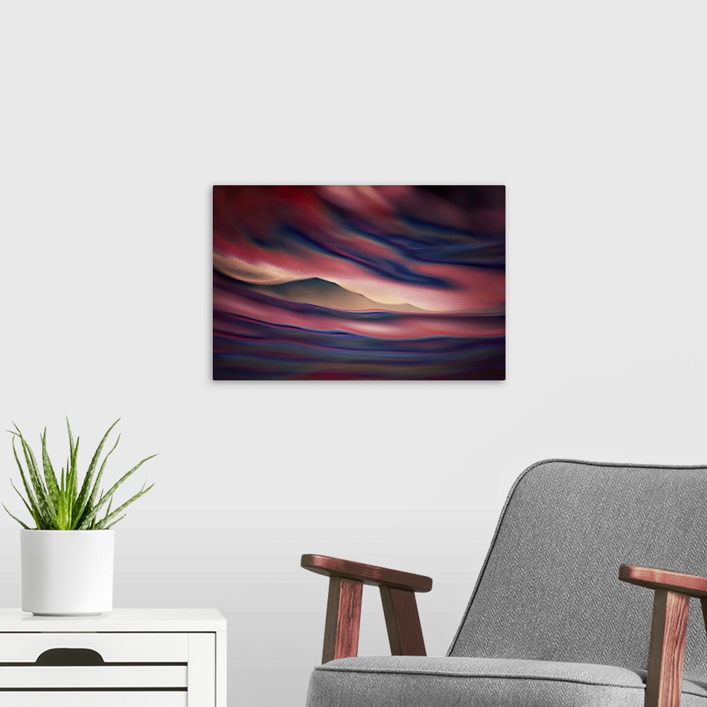 A modern room featuring ICM (Intentional Camera Movement) image of Slocan Lake in British Columbia, Canada, combined with...
