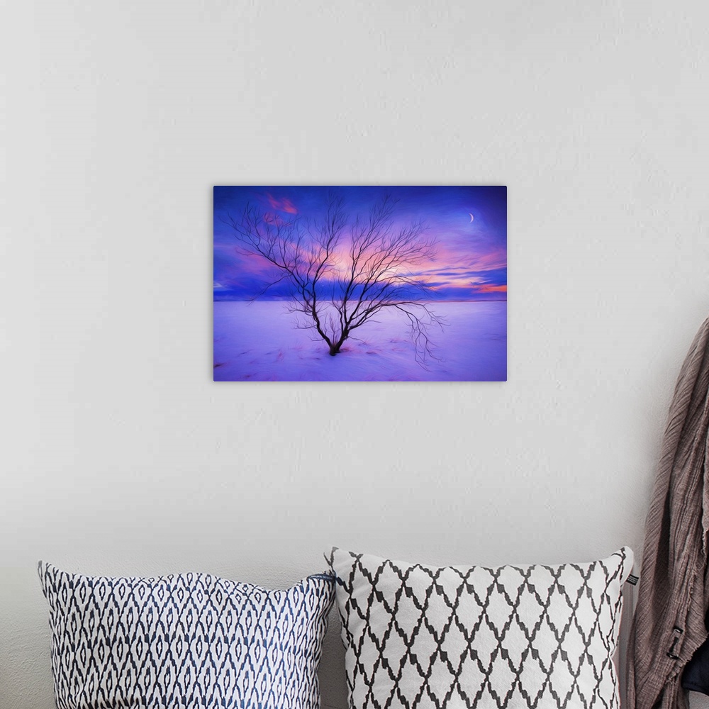 A bohemian room featuring Photo Expressionism - Sunset in Iceland with a bare tree in the foreground.