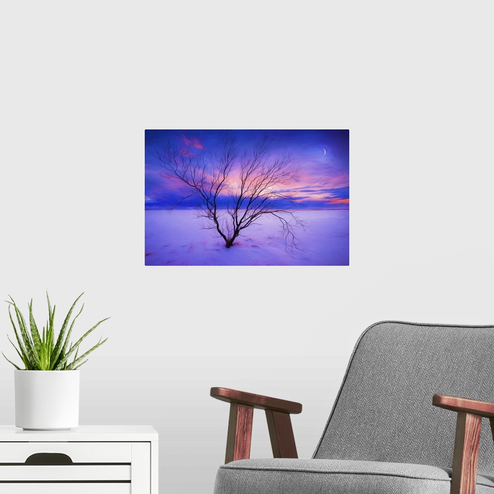 A modern room featuring Photo Expressionism - Sunset in Iceland with a bare tree in the foreground.
