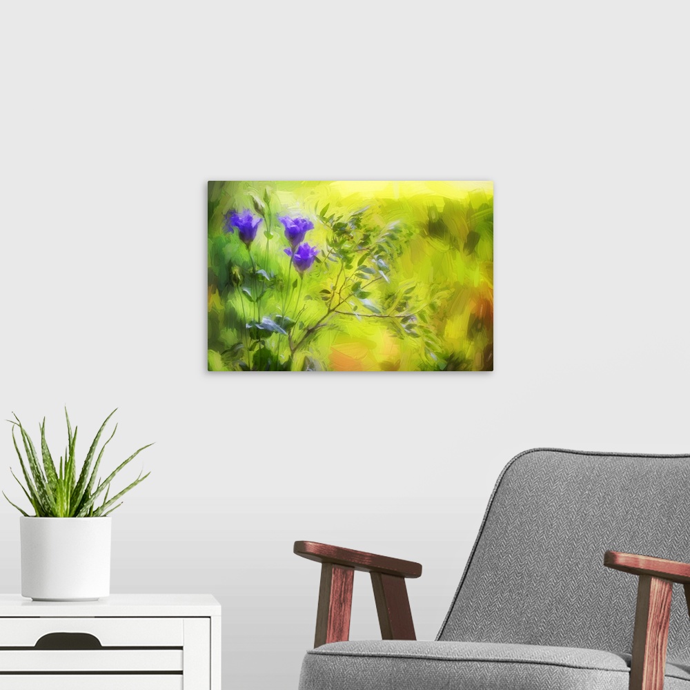 A modern room featuring Dreamy photograph of purple flowers growing around greenery in a field with a painted look finish.