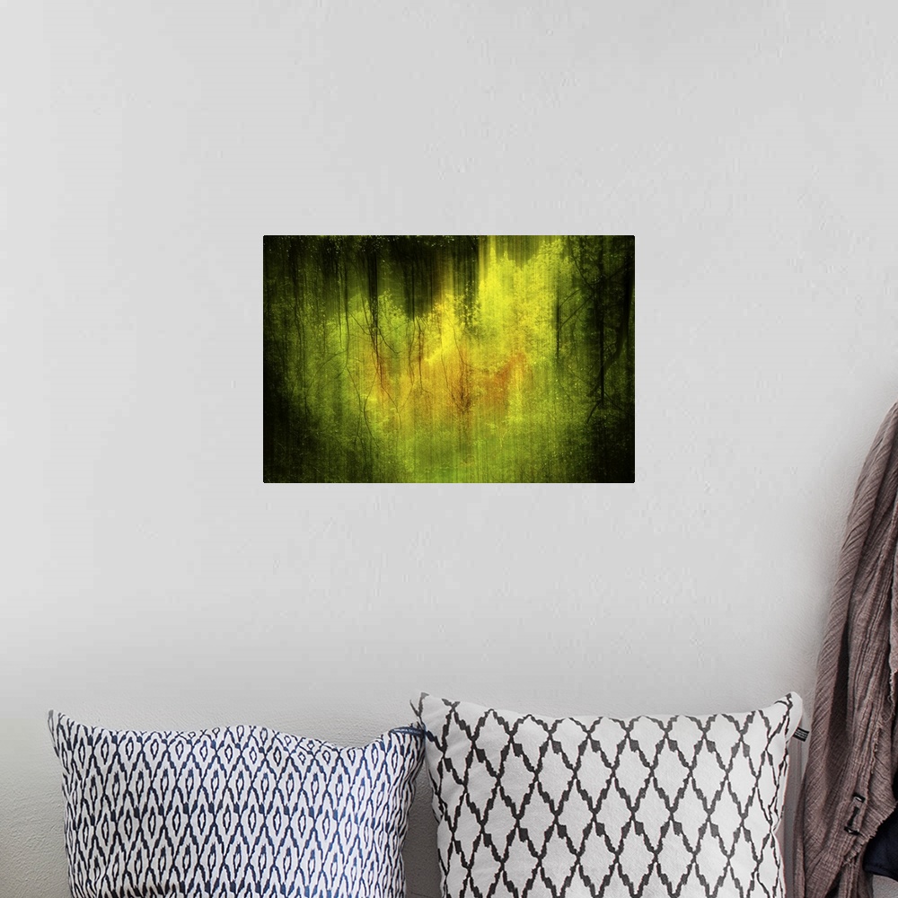 A bohemian room featuring Dramatic lime green and black forest abstract.