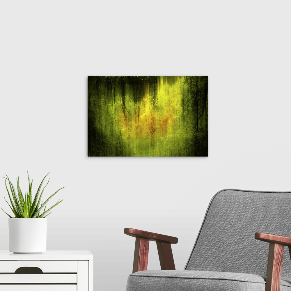 A modern room featuring Dramatic lime green and black forest abstract.