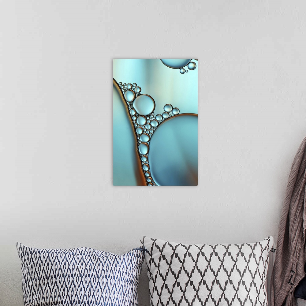 A bohemian room featuring A macro photograph of air bubbles illuminated by vibrant colors.