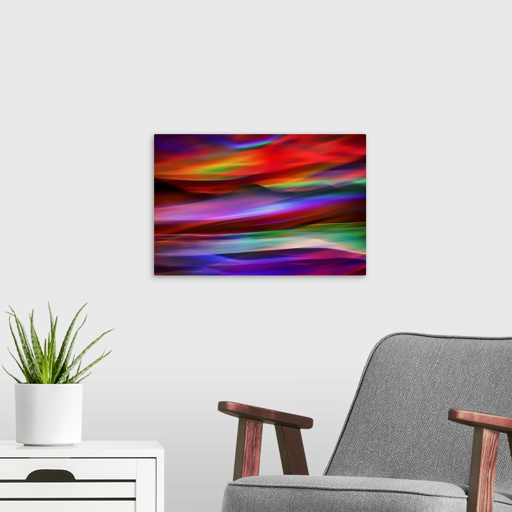 A modern room featuring Abstract image of Slocan lake in British Columbia, Canada, giving an impression of a sunset on th...