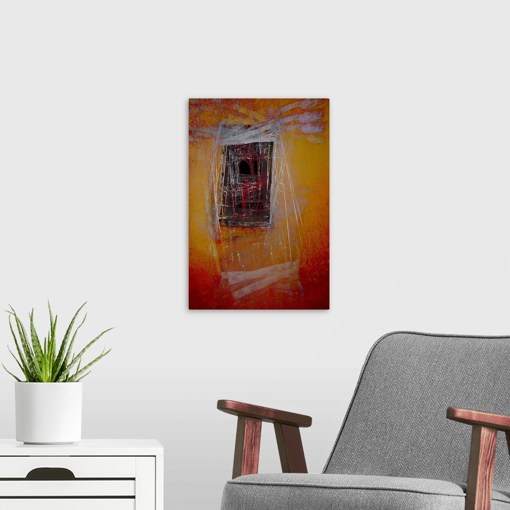 A modern room featuring An abstract expressionistic image of a window in a wall in golds, reds, silvers and blues.