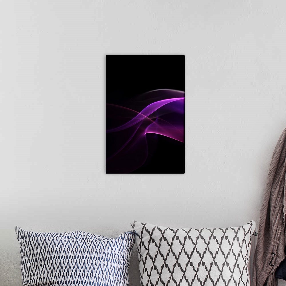 A bohemian room featuring An abstract macro photograph of a purple stream of sinuous smoke.