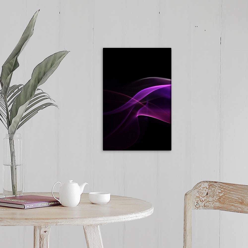 A farmhouse room featuring An abstract macro photograph of a purple stream of sinuous smoke.