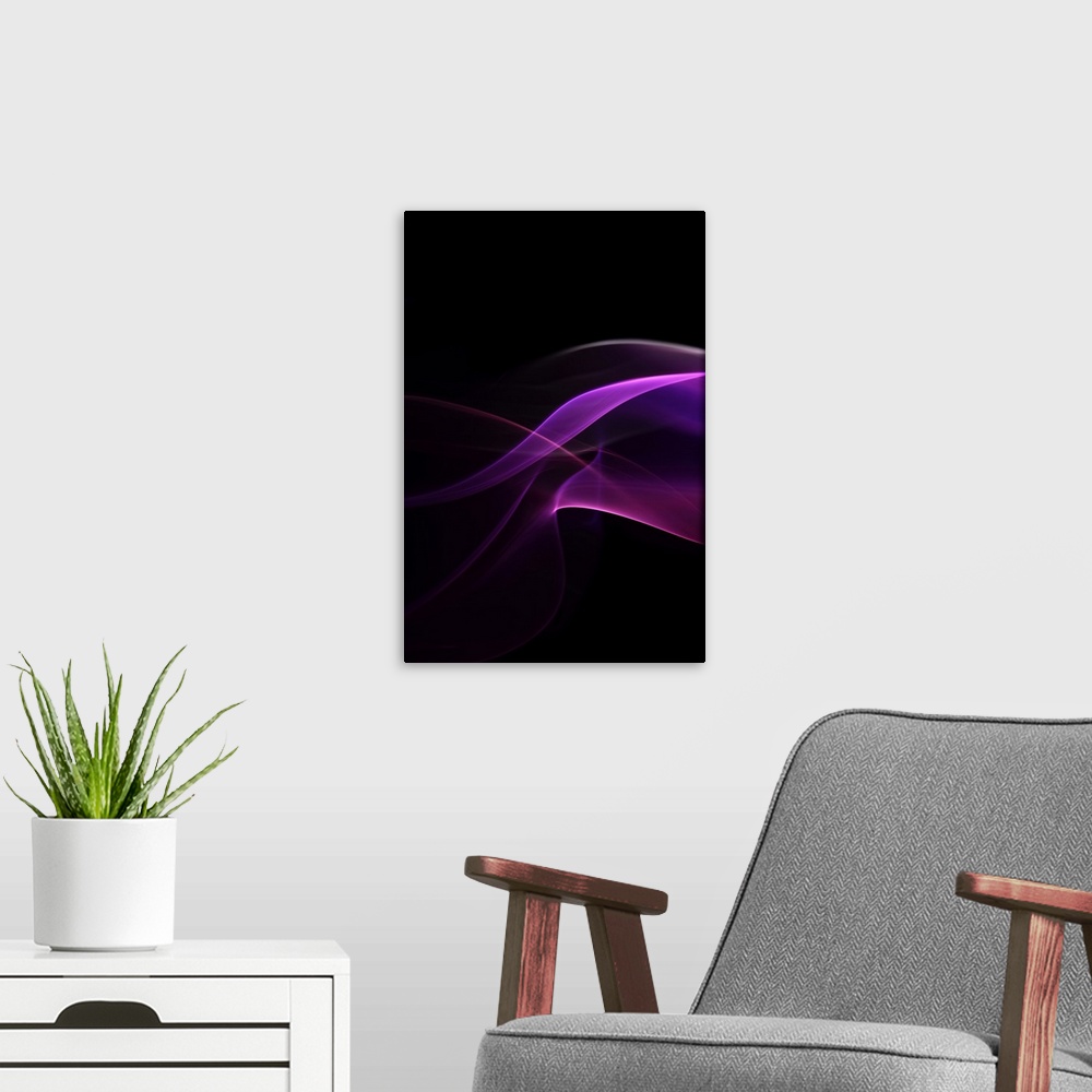 A modern room featuring An abstract macro photograph of a purple stream of sinuous smoke.