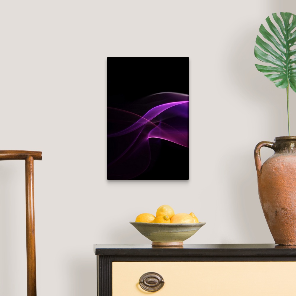 A traditional room featuring An abstract macro photograph of a purple stream of sinuous smoke.