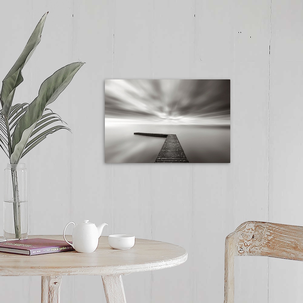 A farmhouse room featuring This wall art is a time lapsed photograph of this lake pier has created a sensation of motion in ...