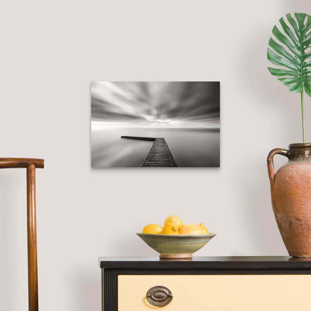 A traditional room featuring This wall art is a time lapsed photograph of this lake pier has created a sensation of motion in ...