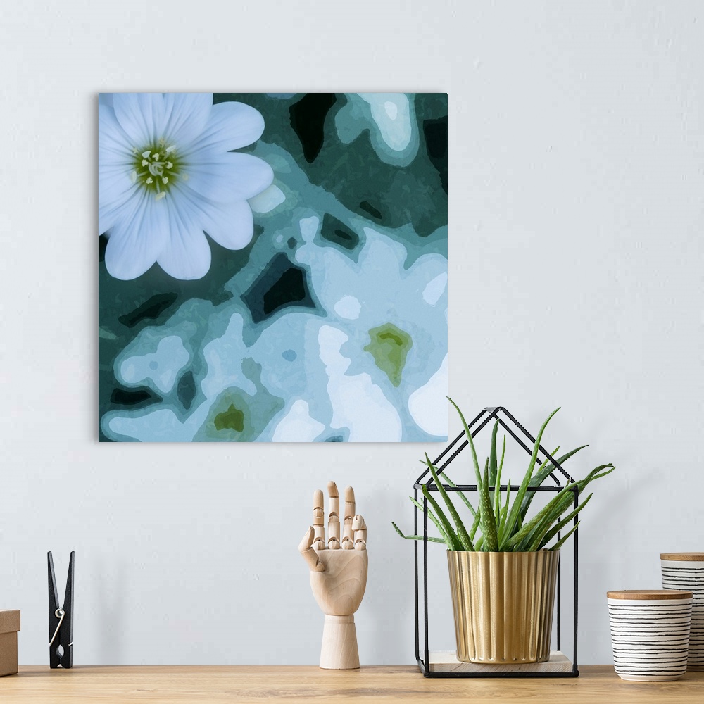A bohemian room featuring Art photograph of a white flower against a background of artistically photographed flowers.