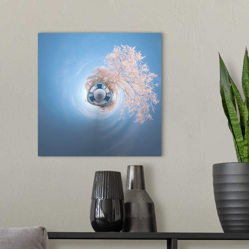 A modern room featuring A tree covered in frost in the winter against a blue sky, with a stereographic projection effect ...