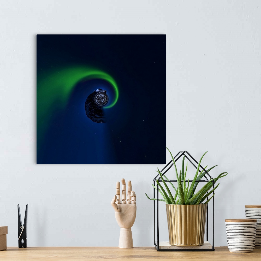A bohemian room featuring A green aurora borealis spiraling into the night sky, with a stereographic projection effect on t...