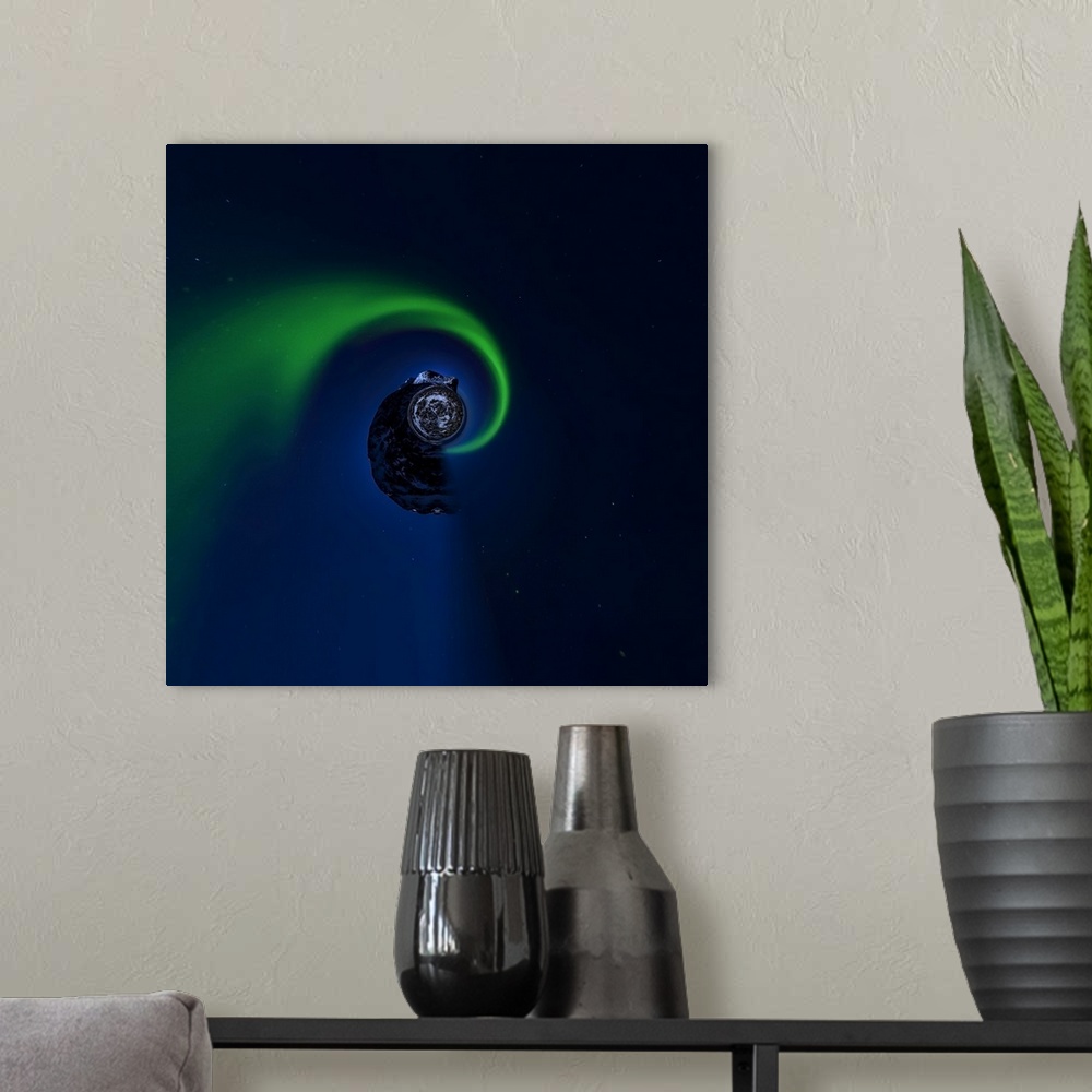 A modern room featuring A green aurora borealis spiraling into the night sky, with a stereographic projection effect on t...